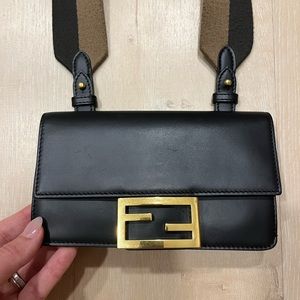 Fendi Baguette Flat Pouch Bag Black and Gold with Brown/Tan Strap
